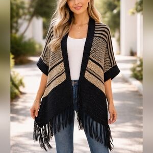 BCBG MaxAzria Black Fringe, Long, Open Front Cardigan, Women's Small